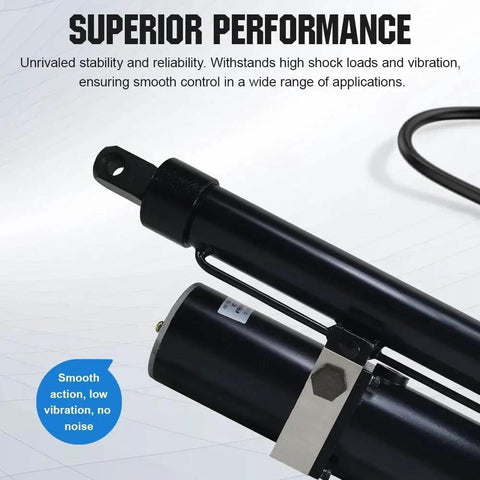Close-up of Heavy Duty 12V Hydraulic Linear Actuator, showcasing smooth action and low vibration for reliability.