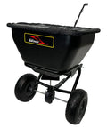 Deluxe Tow Behind Broadcast Spreader With Extended Easy Reach Handle And Weatherproof Cover, 175 lb capacity, black hopper