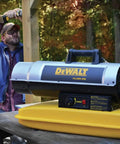 High Output 80000 Btu Forced Air Kerosene And Diesel Portable Heater With Six Gallon Tank on a table in outdoor setting.