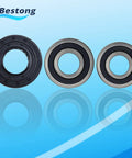 Heavy Duty Front Load Washer Tub Bearing And Seal Replacement Kit Designed To Quiet Loud Noises Stop Minor Leaks And Get Your Laundry Routine Back On Track, featuring two metal sealed bearings and one black rubber seal.