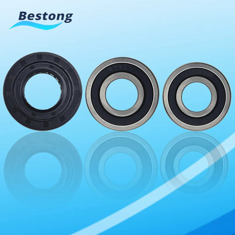 Heavy Duty Front Load Washer Tub Bearing And Seal Replacement Kit Designed To Quiet Loud Noises Stop Minor Leaks And Get Your Laundry Routine Back On Track, featuring two metal sealed bearings and one black rubber seal.