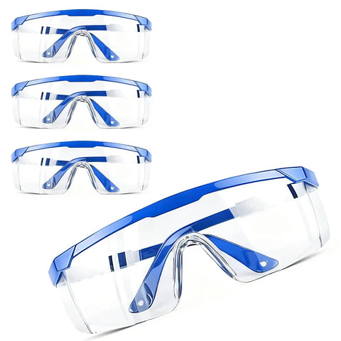 Clear Anti Fog Safety Specs With Protective Goggles For Industrial Use 4 Pack Lightweight blue frames arranged on white background