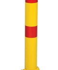 Lockable Steel Fold Down Bollard Parking Barrier Rock Solid Safety Post Industrial Yard Defense Built Like A Tank With Bright Reflective Strips And No Nonsense Mounting Hardware in bright yellow and red with mounting hardware.
