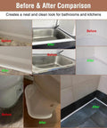 Before and after images of White Caulk Tape Peel And Stick Waterproof Self Adhesive Sealing Tape For Bathroom Kitchen Tub Toilet Walls Floors Tiles Wallpaper Decor No Mess Glue Free Quick And Easy Fix In Minutes, showing clean sealed edges around sinks, tubs, and toilets.