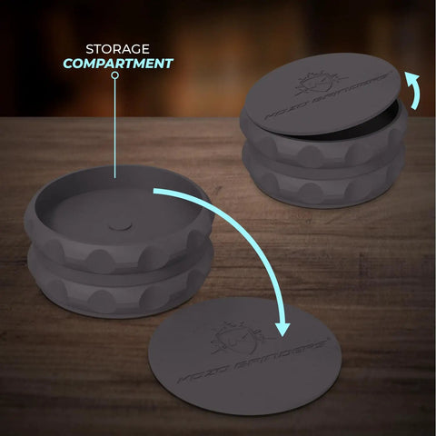 2.5 Inch Spice Grinder, 2 Piece With Strong Grip And Magnetic Lid, open showing storage compartment, compact design.