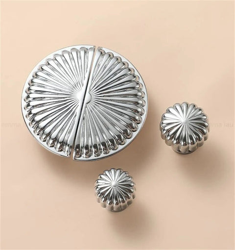 Boss Silver Chrome Furniture Handle Door Knob Set With Brass Round Square Flower Pulls on beige background