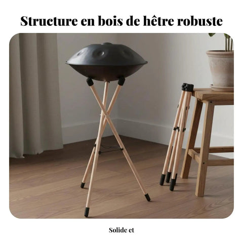 Badass Heavy Duty Portable Foldable Drum Rack Crafted From Premium Beech Wood Tripod Stand with drum on adjustable holder.