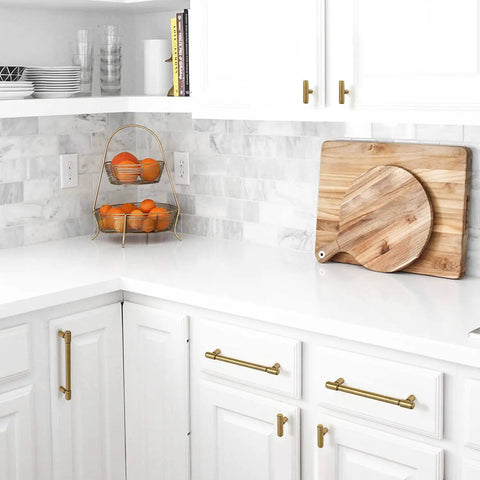 Kitchen featuring Six Pack Antique Brass Drawer Pulls For Kitchen Cabinets And Dressers, Zinc Alloy Cabinet Hardware on white cabinets.