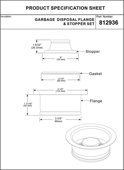 Technical drawing of Universal Three And One Half Inch Kitchen Sink Flange And Stopper Kit For Garbage Disposals Champag...