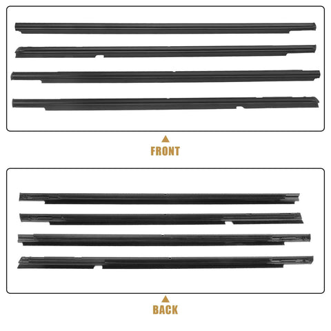 Front and back view of 4Pcs Weatherstrip Window Molding Trim Seal Belt For Mitsubishi Lancer 2008 2017 Outer Door Window Seal Replacement Rubber Kit