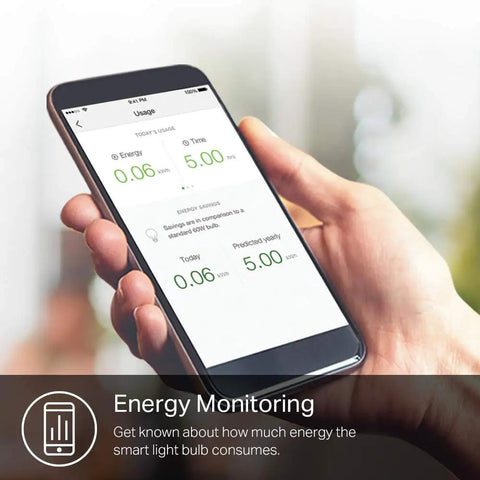 Smartphone displaying energy monitoring for Color Changing A19 LED Bulb, 850 Lumens, Dimmable WiFi Light, Works With Alexa And Google Home