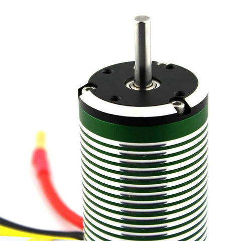 1400Kv 4074 Brushless RC Motor With CNC Aluminum Anodized Shell And Pure Copper Windings, showcasing silver and green finish.