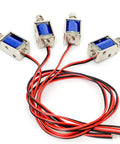 Set of 4 Tiny 12V Micro Push Pull Solenoid Electromagnets with metal build and colorful wiring, ideal for compact automation projects