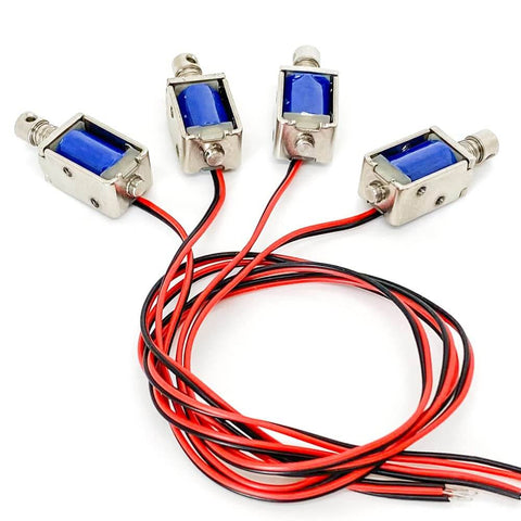 Set of 4 Tiny 12V Micro Push Pull Solenoid Electromagnets with metal build and colorful wiring, ideal for compact automation projects