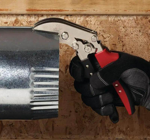 Using Offset Five Blade Duct Crimper For Tight Quarters And Overhead Runs One And Five Eighths Inch Double Crimp HVAC Duct Tool