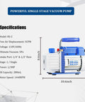 Blue and silver single-stage vacuum pump with blue handle; dimensions 10.6in long by 8.6in tall.