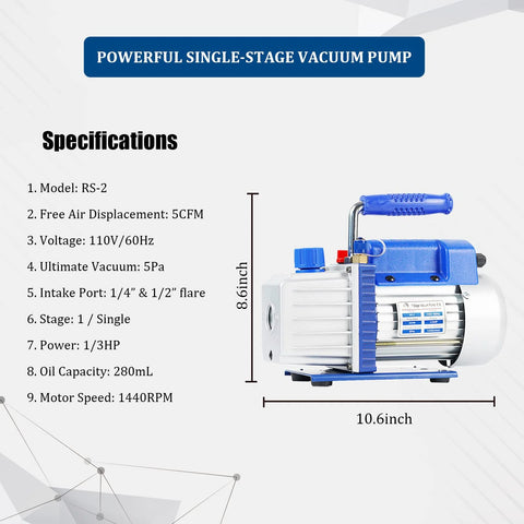Blue and silver single-stage vacuum pump with blue handle; dimensions 10.6in long by 8.6in tall.