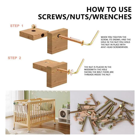 Dark Bronze Hex Socket Head Cap Screw Set With Barrel Nuts And Allen Wrench For Crib Furniture Assembly visible in setup steps.