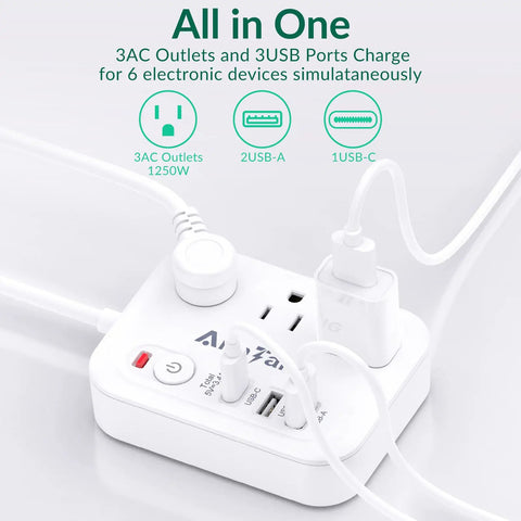 6 In 1 USB C Power Strip With 1 Type C Port And 2 USB A Ports 3 AC Outlets 5 Ft Flat Extension Cord Non Surge Protector