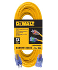 Twenty Five Foot 12 Gauge Three Conductor SJTW Lighted Extension Cord For Outdoor Use Heavy Duty Waterproof Weatherproof Industrial Strength Power Cord With Light Up Prong Plug, coiled yellow