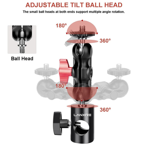 Lanxire 1/4" screw mount adapter (2-pack) with dual tilt ball heads on a black C-stand arm