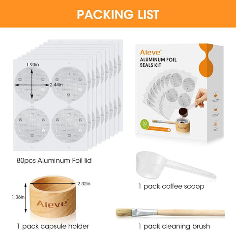 Reusable Vertuo Capsule Kit For Nespresso Pods With 80 Pcs Capsules Aluminum Foil Seals And Lids Capsule Holder Coffee Scoop And Brush Packing List