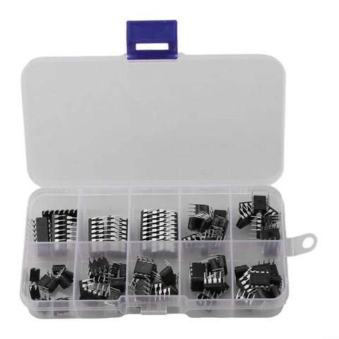 Plastic storage box open with 85 Piece DIP IC Starter Kit For DIY Electronics With NE555 Timers LM324 Op Amp LM393 UA741 ULN2803