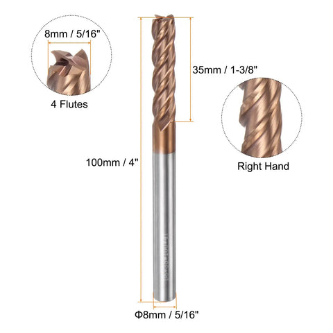 Carbide Square End Mill 8mm Diameter 5 Sixteenth Shank Extra Long 100mm 4 Flutes TiSiN Coated Micro-Grain Tungsten Carbide Milling Bit Cutter For Precise CNC Milling In Aluminum And Steel