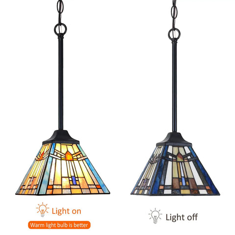 Tiffany Style Stained Glass Pendant Light, 1 Light Mission Antique Ceiling Lamp For Kitchen Island And Dining Room, 8 Inch Shade, lit and unlit view