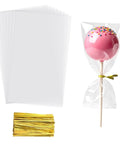 Clear 3x5 Inch Cake Pop Bags With Twist Ties, Lollipop Bags For Cookies Candies And Treats, 100 Pack shown with a pink cake pop
