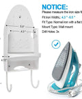 Diagram of wall mount ironing board hanger and rack for small spaces space saver, easy install iron holder with measurements.