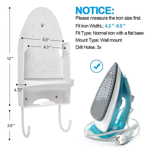 Diagram of wall mount ironing board hanger and rack for small spaces space saver, easy install iron holder with measurements.