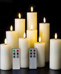 Ivory Flameless Pillar Candles Set of 9 With Remote Control Real Wax Look Tall Flickering LED Flames 3D Flicker Battery Powered