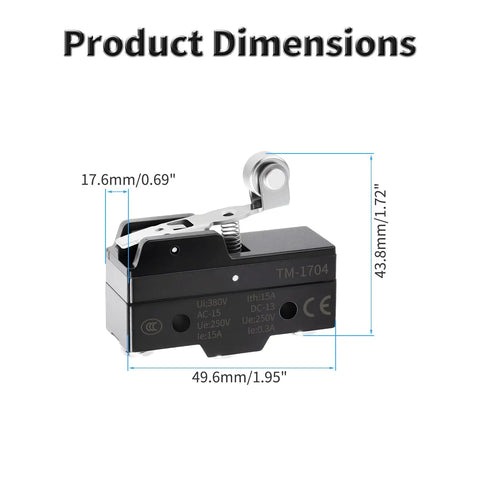 Two TM-1704 Micro Limit Switches With Pivot Roller Lever, 15A 250VAC SPDT 1NO+1NC, product dimensions showing size and design