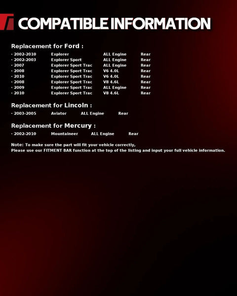 Compatibility chart for Rear Wheel Hub Bearing Assembly 521000 Exact Replacement for Ford Explorer 2002 to 2010 and other models