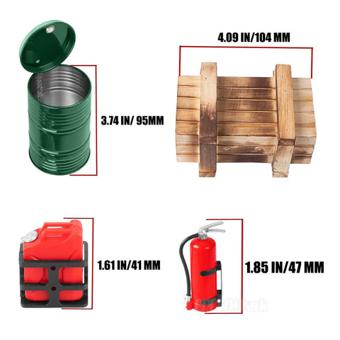 RC Crawler Roof Decoration Kit For One Tenth Scale TRX Four TRX Six SCX Ten Gen Seven And Eight components, including steel drum, wood box
