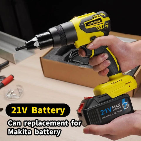 Hifeson 21V Cordless Electric Rivet Gun And Rivet Nut Tool Professional Kit With Batteries And Charger For Auto Body Work Fastener Repair 3/16 Inch To 3/8 Inch Automatic Setting with 21V battery replacement