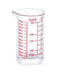 Glass Shot Measuring Cup 4oz for Cocktails and Espresso with red multi-scale markings in ounces, milliliters, and cups