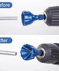 Side view of blue titanium-coated countersink bit installed in a drill for wood, metal, and plastic