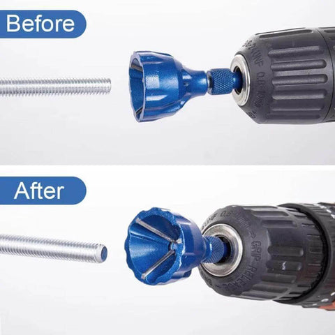 Side view of blue titanium-coated countersink bit installed in a drill for wood, metal, and plastic