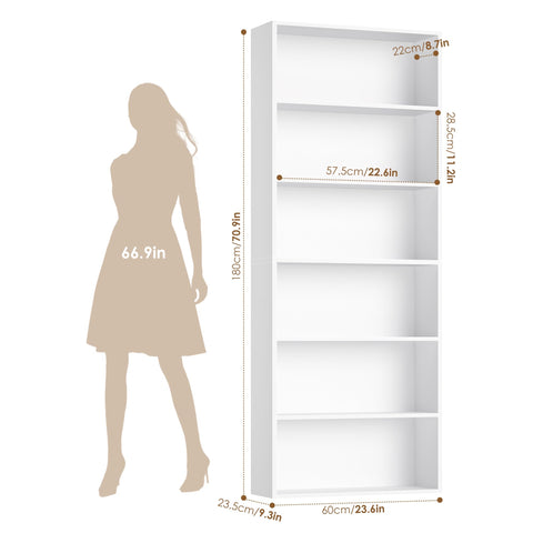Top Shelf Six Tier Tall Bookshelf And White Bookcase Featuring Extra Roomy Open Display Shelves For Modern Living Room Storage and Home Office Decor Organization Rack with measurements.