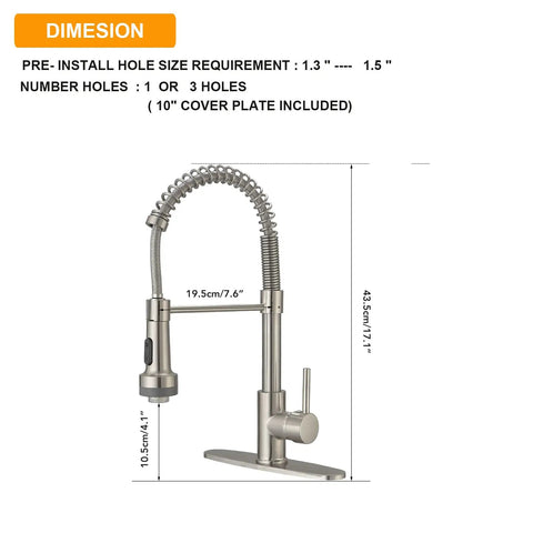 Brushed Nickel Pull Down Kitchen Faucet With Two Function Sprayer, Stream And Spray, 360 Degree Swivel, High Arc Spout, Dimensions Shown