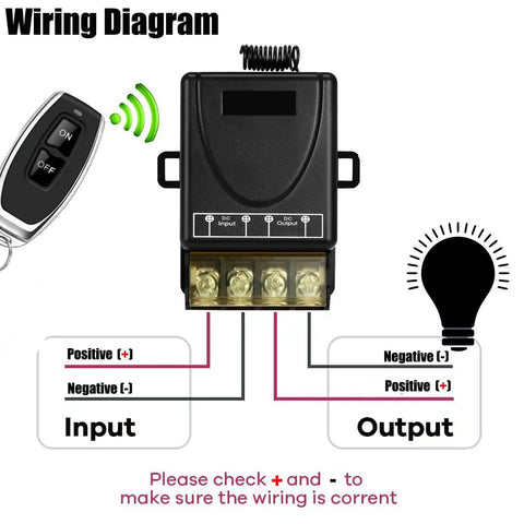 Wiring diagram for Long Range Wireless Remote Switch With 328 Ft Reach, 12V/24V/48V/72V 30A Relay, plug and play control
