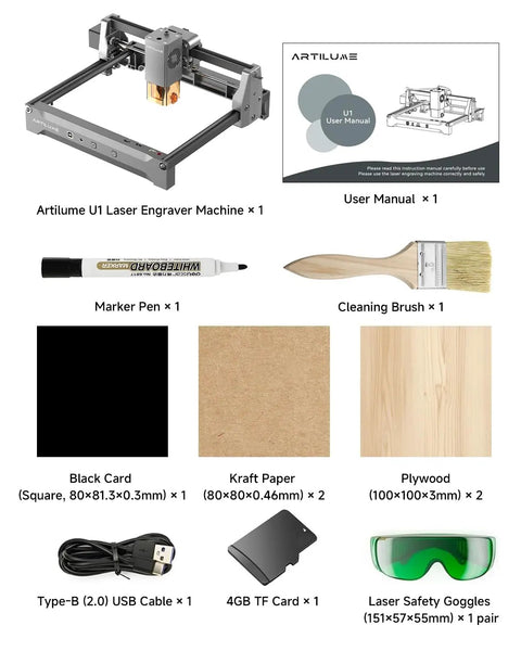 U1 Laser Engraver And Cutter With 200x150mm Work Area 7W Power 0.01mm Precision LightBurn Compatible WiFi App Control Kit Contents