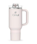 Iconic 40 Oz Cherry Blossom Stainless Steel Tumbler With Cushioned Carry Handle, Double Wall Insulated Travel Cup side view on white background.