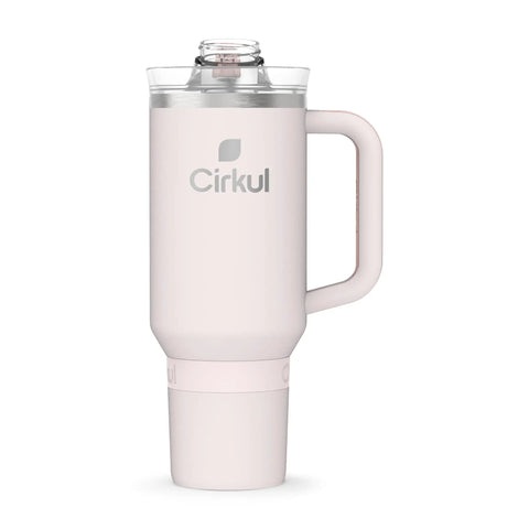 Iconic 40 Oz Cherry Blossom Stainless Steel Tumbler With Cushioned Carry Handle, Double Wall Insulated Travel Cup side view on white background.