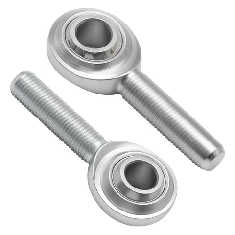 Two Pack Rod End Bearings With Three Eighths Inch Bore And Right Hand Thread, Jam Nuts Included, Rugged, Rock Solid Support For Hydraulic Cylinders And Machinery, Smooth Articulation, Reliable Performance In Tough Conditions. Two silver rod end bearings with 3/8-24 RH threads and jam nuts