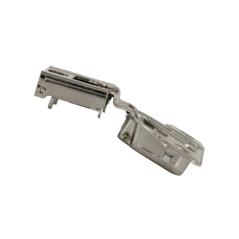 106 Degree Soft Close Cabinet Hinge With 9/16 Inch Overlay, Screw On Mount, Silentia Style, Nickel Finish, side view.