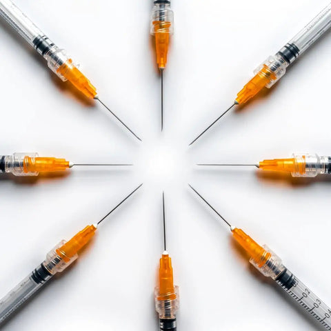 Premium 100 Pack 1Ml Luer Lock Syringes With 25Gauge Needles, heavy duty syringes arranged in a circular pattern on white background.