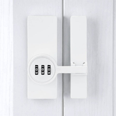 Keyless 3 Digit Mechanical Password Lock For Cabinets And Barn Doors 180 Degree Flip Latch installed on a white cabinet